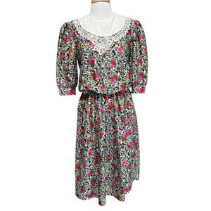 Vintage Dress Womens 12 Country Whimsy Lace Collar Cottagecore Floral Blouson
